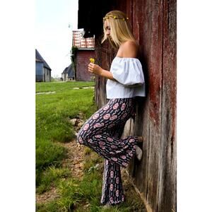California Moon Rise‎ Women’s High Waisted Pull On Bell Bottom Pants Size S Gary